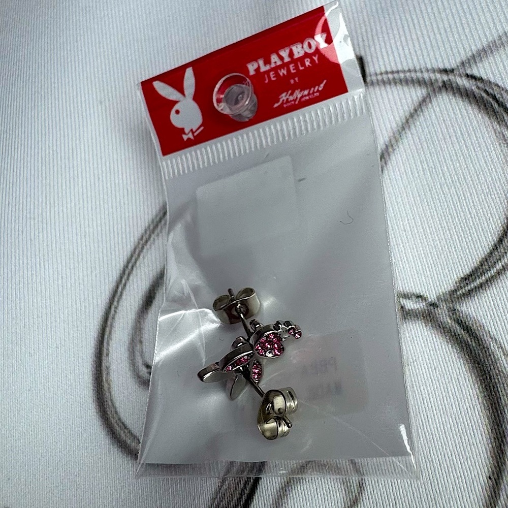Playboy earrings rabbit head studs pink jewel diamond bling silver bunny ears